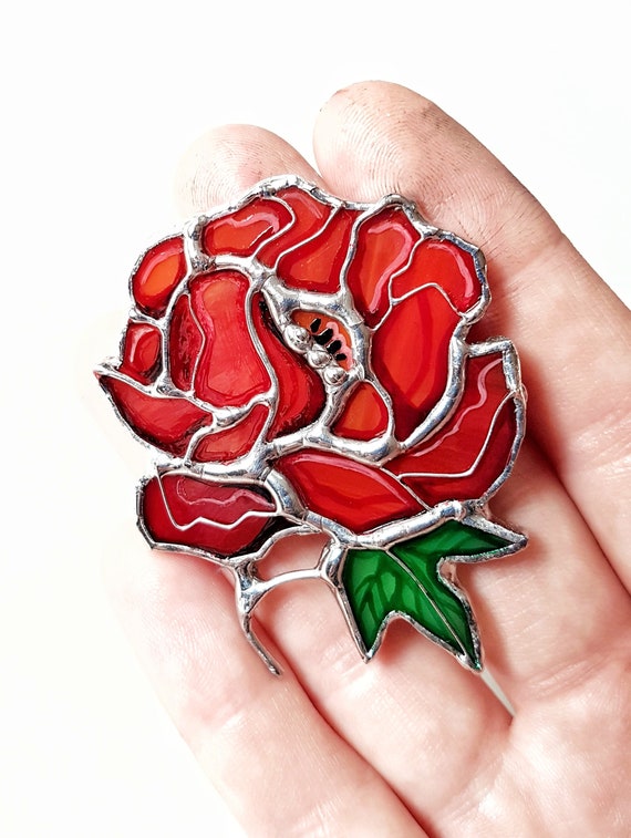 Red rose pin Red flower brooch Rose pin Flower jewelry Stained Etsy