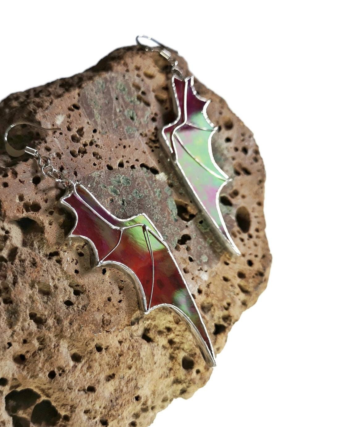 Opal red iridescent long dragon wing earrings / Dangle Stained Etsy