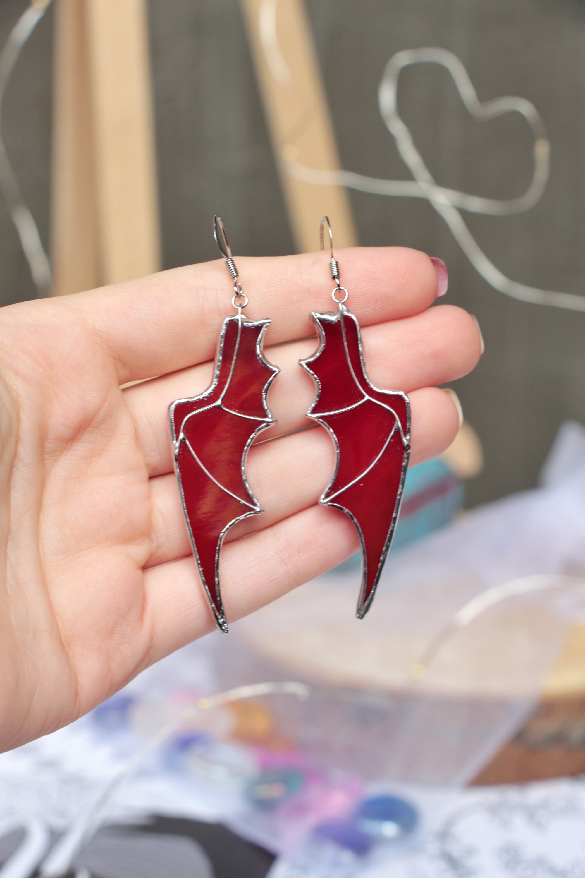 Opal red iridescent long dragon wing earrings / Dangle Stained Etsy