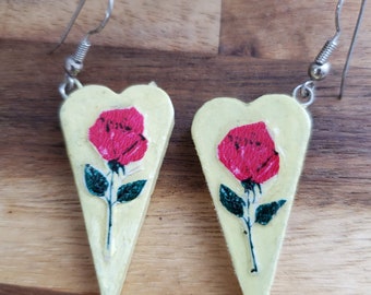 Decoupage Rose Heart Shaped dangle earrings