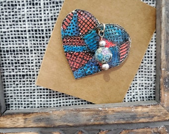 Mixed Media Heart shaped booch with bead dangle