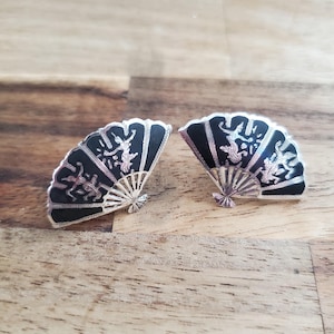 LARGE FAN SHAPED | Vintage Sterling Siam enamel screw back  earrings. 1950s