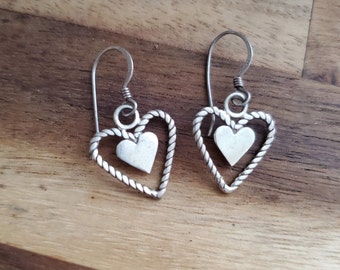 Silver Heart Shaped dropped Earrings ~ Vintage