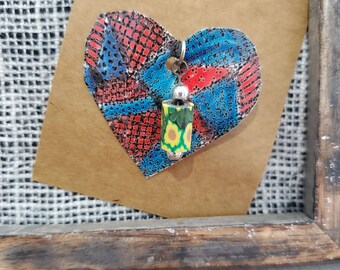 Mixed Media Heart shaped booch with bead dangle