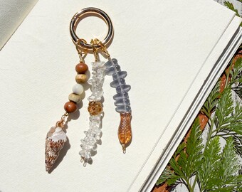 Ocean 3 Strand Bag Charm with Hawaiian Horn Seashell,  Vintage Blue + Fish Czech Glass, Wood, and Quartz