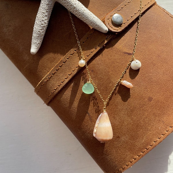 Ocean Trinkets Necklace: Hawaiian Cone Shells, Seafoam Green Chalcedony, Puka Shell, and Pearls 14k Gold-filled Beach Charm Necklace