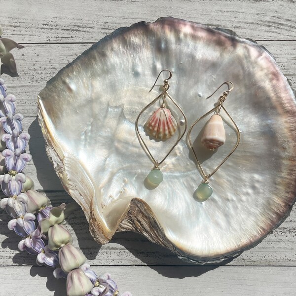 Mira: Asymmetrical Hawaiian Sunrise Moonrise Shell and Cone Shell with Aquamarine on Hammered Gold-filled Dangle Earring, Oahu Jewelry