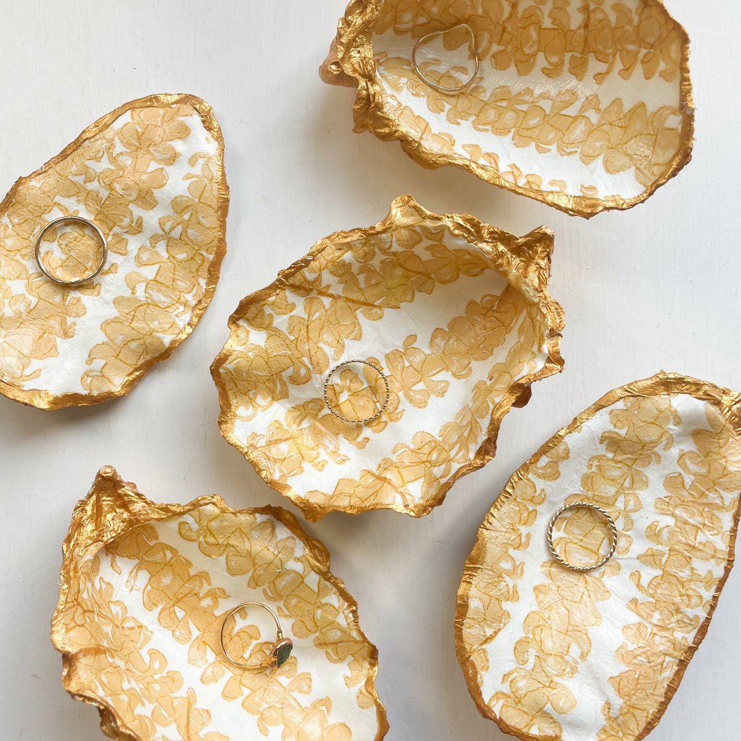 Puakenikeni Lei on White Printed Upcycled Oyster Shell Ring Dish ...