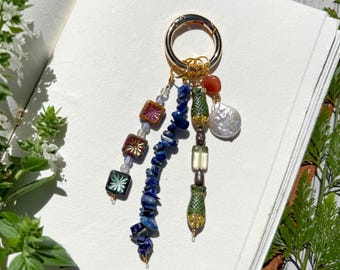Whimsical Bag Charm with 4 Strands of Vintage Czech Glass Motifs: Square, Fish + Coin Pearl + Lapis Lazuli