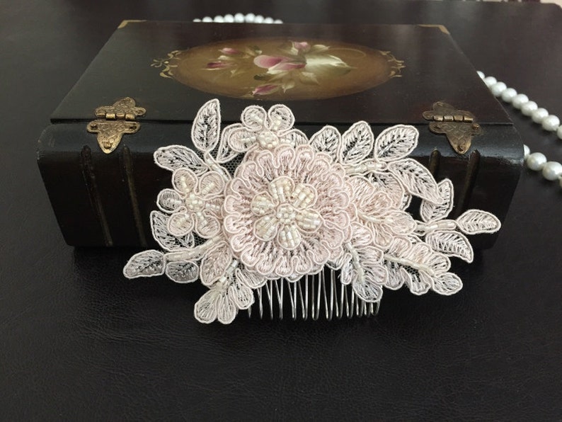 Comb Bridal Hair Accessories Champagne Beaded Lace Wedding Head Piece
