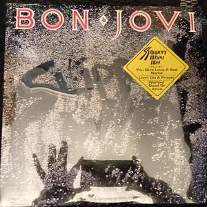 まだ未開封、ボン・ジョヴィ スリッパリー・ウェン・ウェット OG プレス ビニールレコード アルバム LP、ハイプステッカー付き、リヴィン・オン・ア・プレイヤー 募集、デッド・オア・アライブ