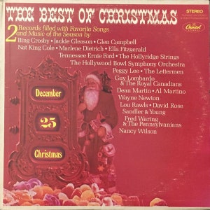 May include: Vintage vinyl record album cover titled "The Best of Christmas." The red cover features Santa Claus, the date December 25, and a list of artists including Bing Crosby and Nat King Cole. The album is labeled "Stereo."