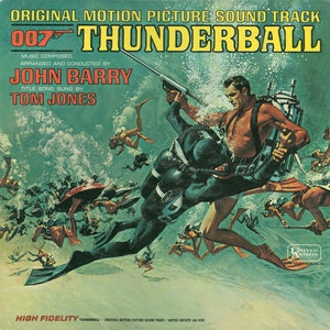 May include: Vintage "Thunderball" original motion picture soundtrack album cover. The artwork features divers in a turquoise underwater scene, with the title in yellow and the 007 logo. The album credits John Barry and Tom Jones.