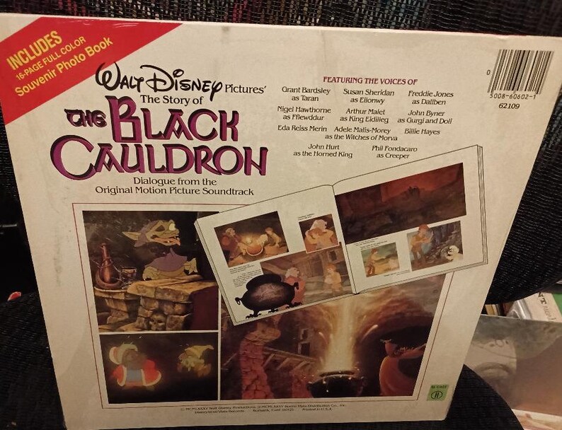 May include: A vintage Walt Disney Pictures "The Story of The Black Cauldron" soundtrack album. The album cover features illustrations from the film, with the title in purple and the text "Dialogue from the Original Motion Picture Soundtrack."