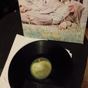 May include: A vinyl record album with a black disc and a green apple label. The album cover features a man in a brown jacket and the text "James Taylor". The album is on a white paper sleeve.