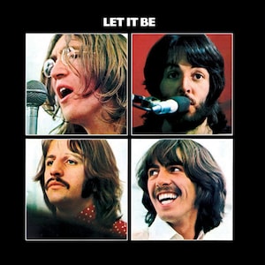 Puede incluir: Una portada de álbum en blanco y negro con el título "LET IT BE" en texto blanco. La portada presenta cuatro fotos de primer plano de los miembros de la banda de los Beatles: John Lennon, Paul McCartney, George Harrison y Ringo Starr.