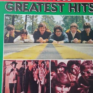Könnte beinhalten: Albumcover für The Turtles Greatest Hits. Der obere Teil des Covers zeigt den Namen der Band in weißen Neonbuchstaben auf rotem Hintergrund, mit "GREATEST HITS" in Weiß auf grünem Hintergrund. Das Cover zeigt Fotos der Band.