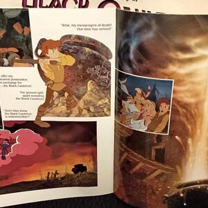 May include: A vintage children's book illustration featuring scenes from a fantasy story. The artwork includes characters in action, with text bubbles and a dramatic, colorful style. The pages are open, showcasing multiple panels.