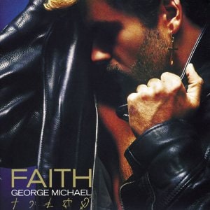 May include: A music album cover featuring a person wearing a black leather jacket with a gold cross earring. The text FAITH and GEORGE MICHAEL is printed in gold lettering at the bottom left corner, accompanied by a series of small gold symbols.