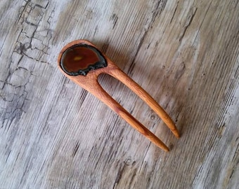 Hair fork with  Red Zebra (Ebiara) and Agate Slice, Wooden hair fork, Hair Sticks, Natural wooden hair accessories,Shawl Pins,Zebrawood