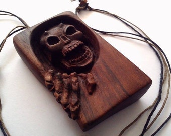 Skull Wood Pendant,Wooden pendant,wooden necklace,Hand Carved Pendant,Skull Wood Carved pendant