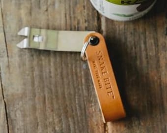 Key Chain Beer Bottle Opener and Folding Church Key - The Original Snake Bite - 100% Made in the USA - Barley Leather - Free USA Shipping!