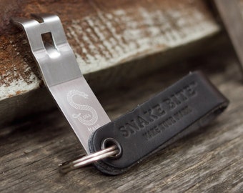 Key Chain Beer Bottle Opener and Folding Church Key - The Original Snake Bite - 100% Made in the USA - Black Leather - Free USA Shipping!