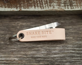 Key Chain Beer Bottle Opener and Folding Church Key - The Original Snake Bite - 100% Made in the USA - Natural Leather - Free USA Shipping!