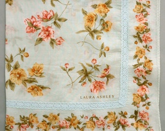 Pañuelo de algodón azul con estampado floral de Laura Ashley (45 x 45 cm) – Ribete de encaje vintage