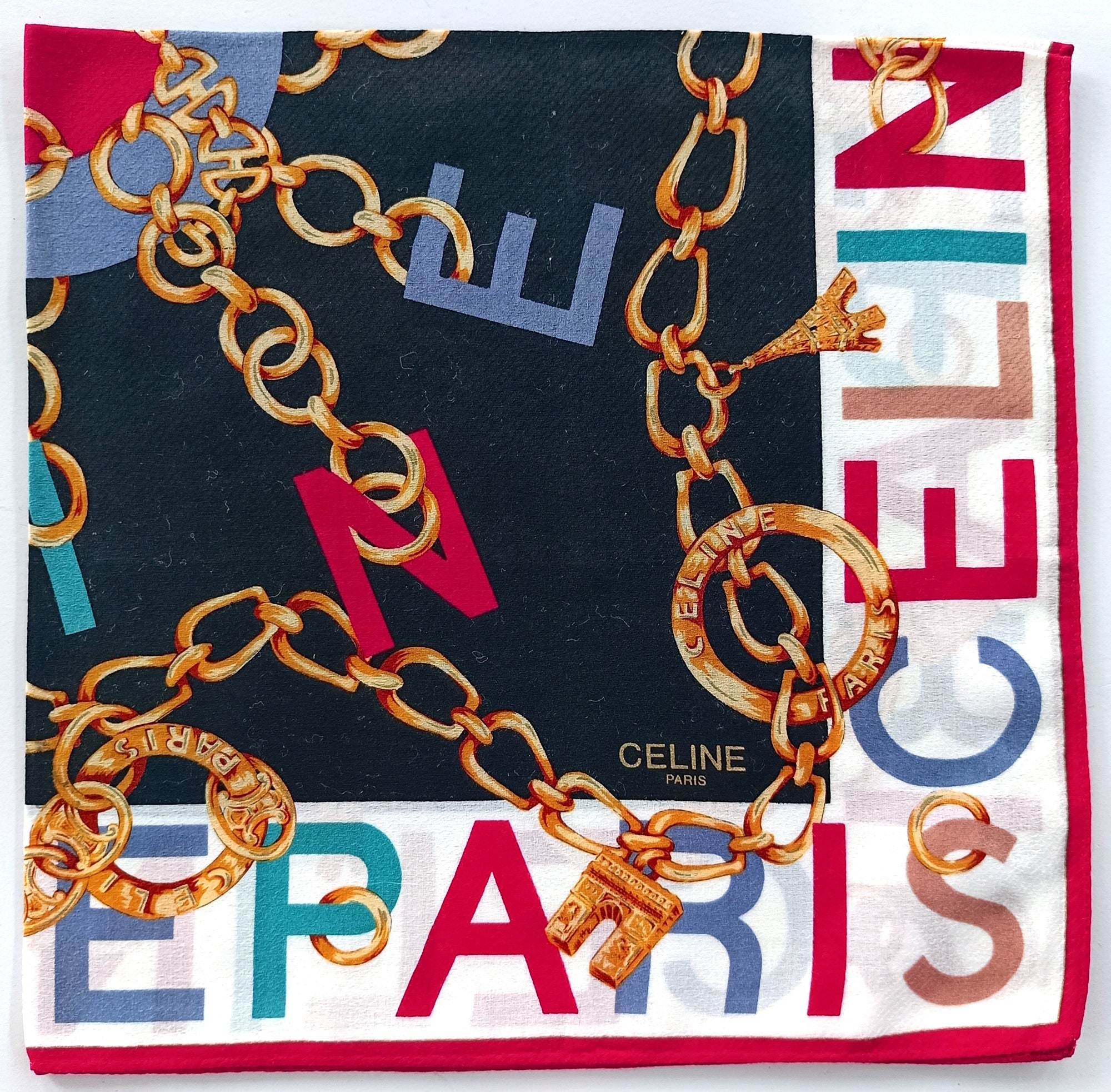Celine Paris ヴィンテージ スカーフ パリ ゴールド チェーン ピンク  