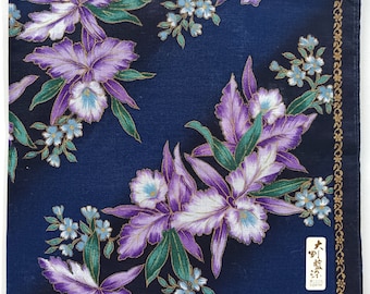 Japanese Vintage Handkerchief Orchids Purple 21" x 21" I Free Delivery on order 35 USD Just buys multiple items together in Order