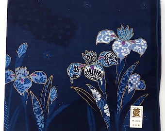 Japońska chusteczka do nosa Iris – gaza bawełniana w kolorze indygo ze złotymi akcentami | Wyprodukowano w Japonii, 16x16 cali