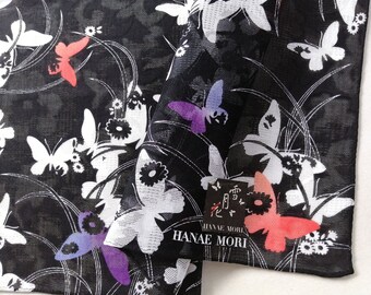 Hanae Mori Vintage Handkerchief Colorful Butterfly 19" x 19" I Free Delivery on order 35 USD Just buys multiple items together in order