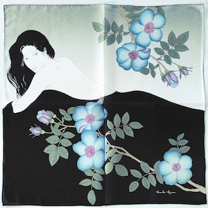 Kimiko Kojima Vintage Handkerchief Beautiful Woman in Black Dress Magnolia 18.5 x 18.5 inches, Art Collection Painting Works Japanese Artist