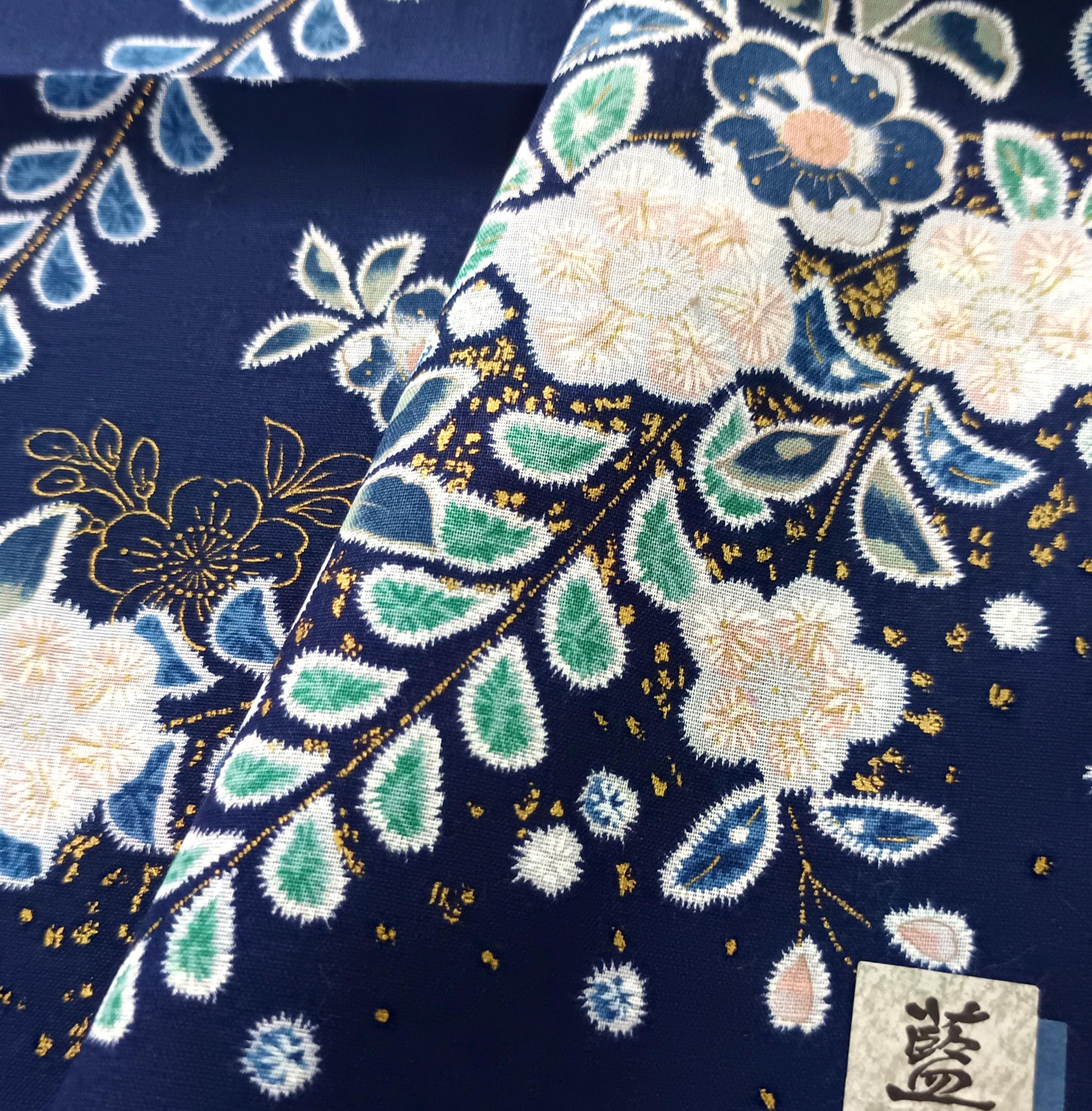 ヴィンテージの日本製ハンカチ、藍染め藤の花柄着物、ガーゼ（17 x
