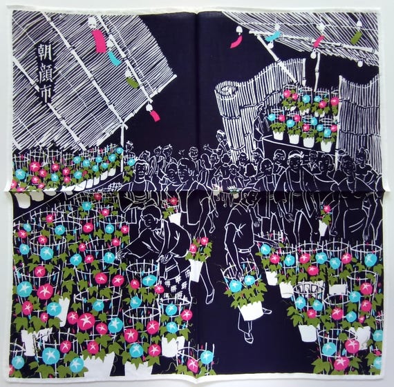 Vintage Japanese Cotton Handkerchief: Iriya Asagao Morning Glory Festival 16.5x 16.5 inches
