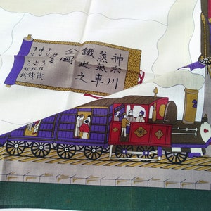 Vintage Japanese Handkerchief Steam locomotive along Oigawa river, Shizuoka, Japan, Souvenir Handkerchief Gift 21 x 20 inches
