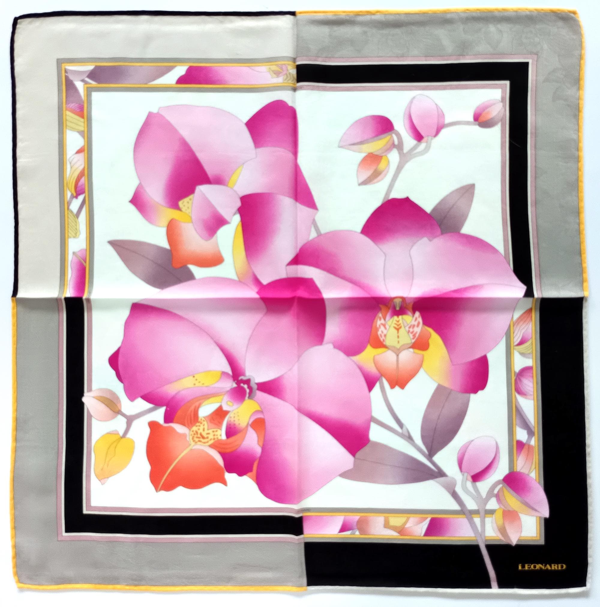 Vintage Leonard Silk Scarf- Orchid Bloom - Floral Frame (20 Inches