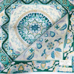 Japońska chusteczka vintage z geometrycznym nadrukiem inspirowanym mandalą I Szmaragdowo-kremowa 16,5 x 16,5 cala I Darmowa wysyłka 35 USD+ (automatyczne dodawanie do koszyka)