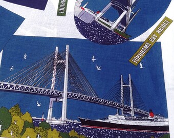 YOKOHAMA BAY BRIDGE Vintage Handkerchief Japan Souvenir, Yokohama Best Attractions, Illustration Handkerchief 21" x 20" Made in Japan