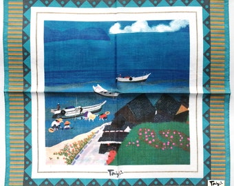 Taiji Harada Vintage Souvenir Handkerchief Japanese Artist 19" x 19" Richly Poetic Depict the Hometown of the Heart