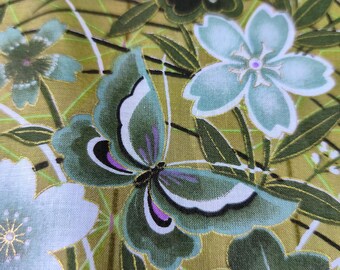 Vintage Japanese Cotton Handkerchief - Butterfly & Sakura – Suzuki Grass Motif 17.5 x 17.5 inches