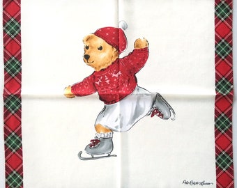 Polo Ralph Lauren Vintage Handkerchief Bear Ice Skating 20 x 20" I Free Delivery on order 35 USD Just buys multiple items together in Order