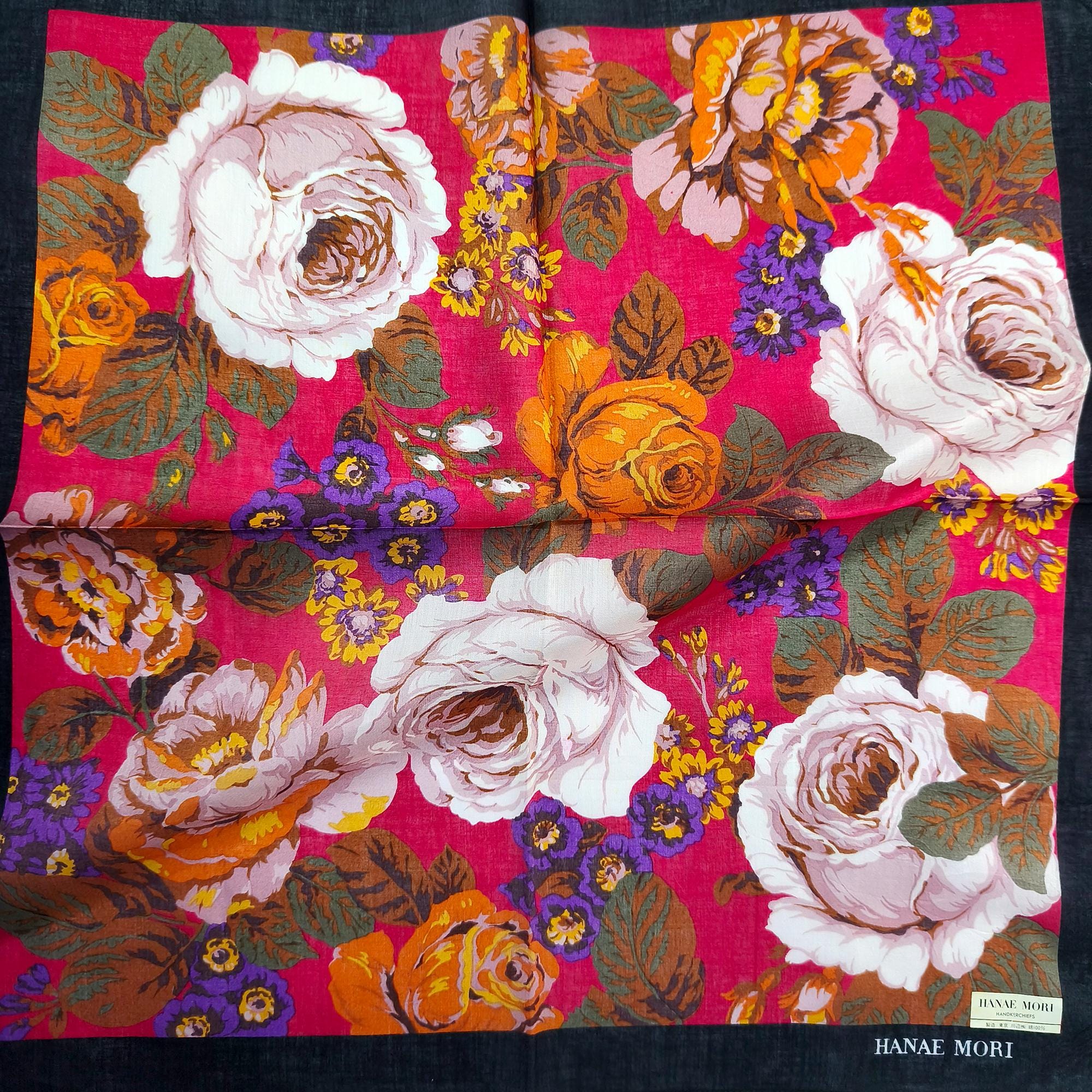 Vintage Hanae Mori Handkerchief Roses, Japanese Designer 17 X 16.5