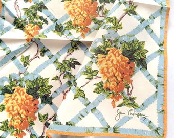 Vintage Thai Silk Jim Thompson Handkerchief Yellow Wisteria Floral Lattice Print 16 x 15 inches