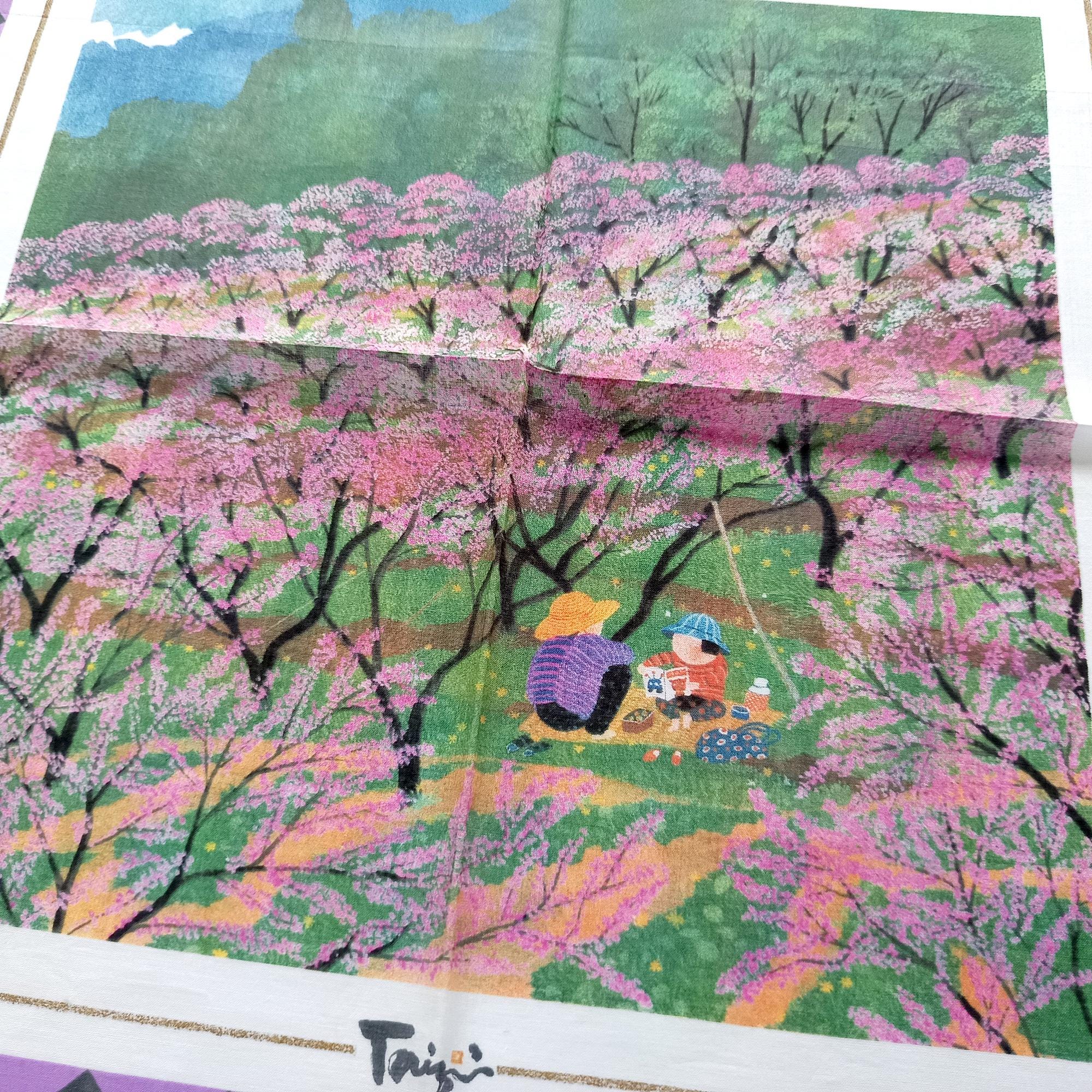 原田泰治 ヴィンテージ お土産ハンカチ タイトル 四季 桃の花 18.5 x
