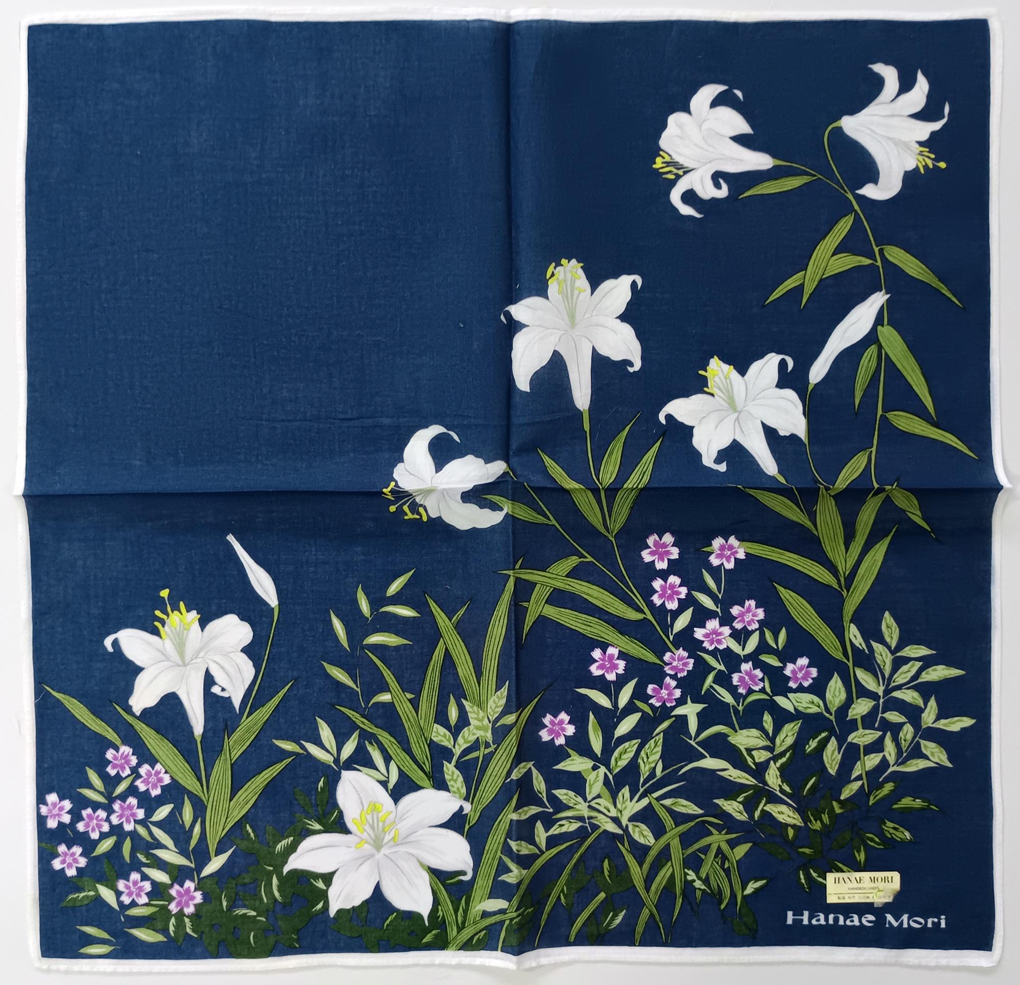 Vintage Hanae Mori Handkerchief – White Lilies & Pink Wildflowers