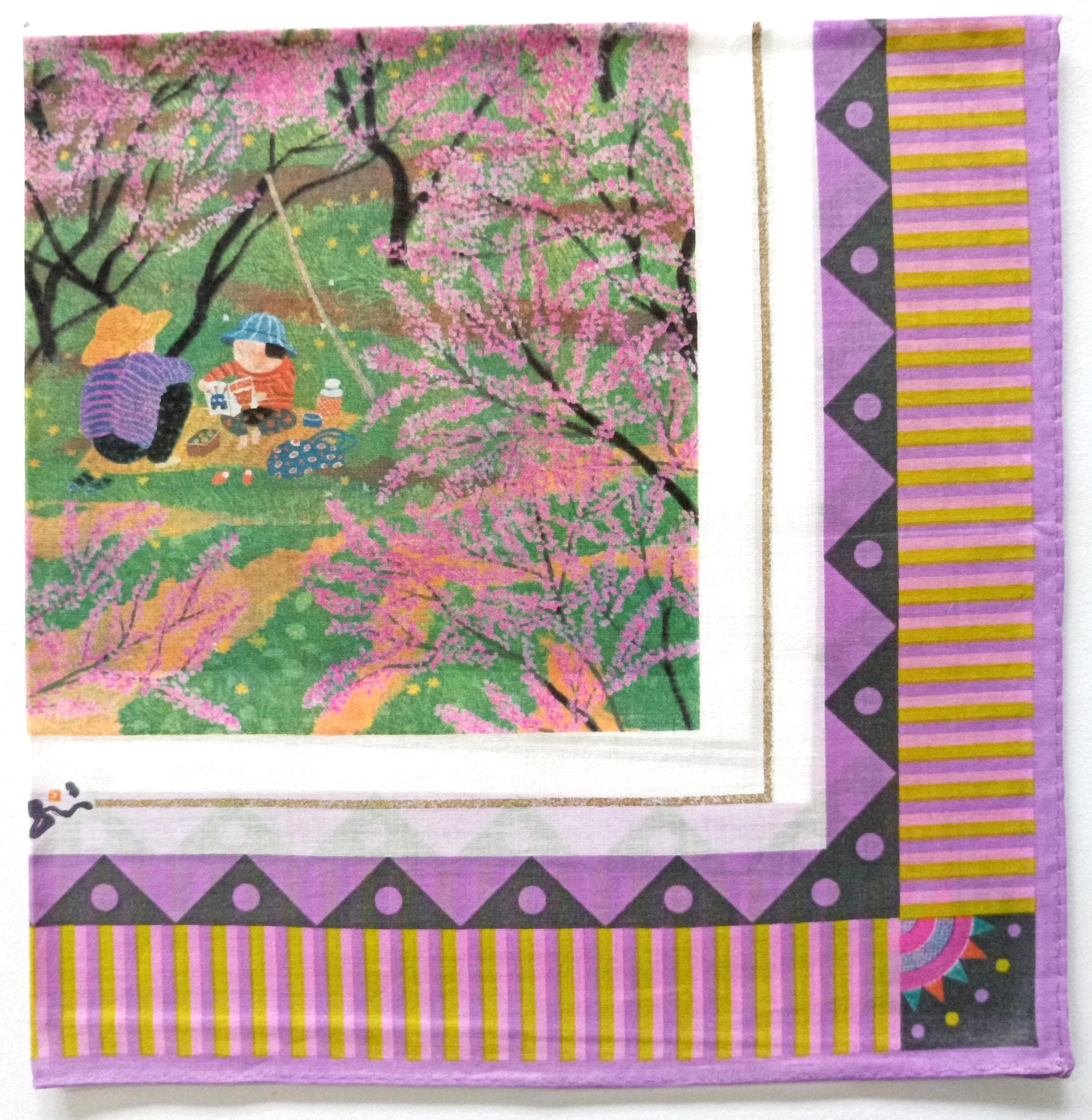 原田泰治 ヴィンテージ お土産ハンカチ タイトル 四季 桃の花 18.5 x