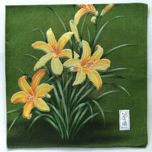 Vintage Japanese Handkerchief Yellow Lily Flowers 17 x 16.5 inches I Free Shipping 35USD+ (Auto in Cart)