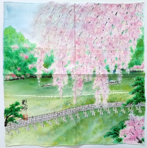 嵐山春のプリントハンカチ：桜、渡月橋 18 x 18インチ - Etsy 日本